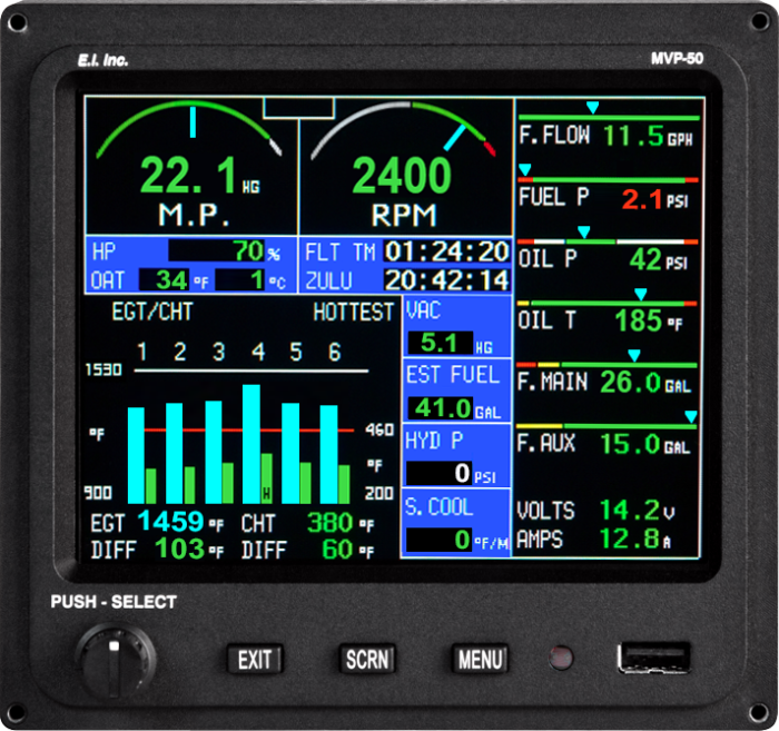 MVP-50P Glass Panel Engine Monitor for Piston Engine Aircraft - Pacific Coast Avionics